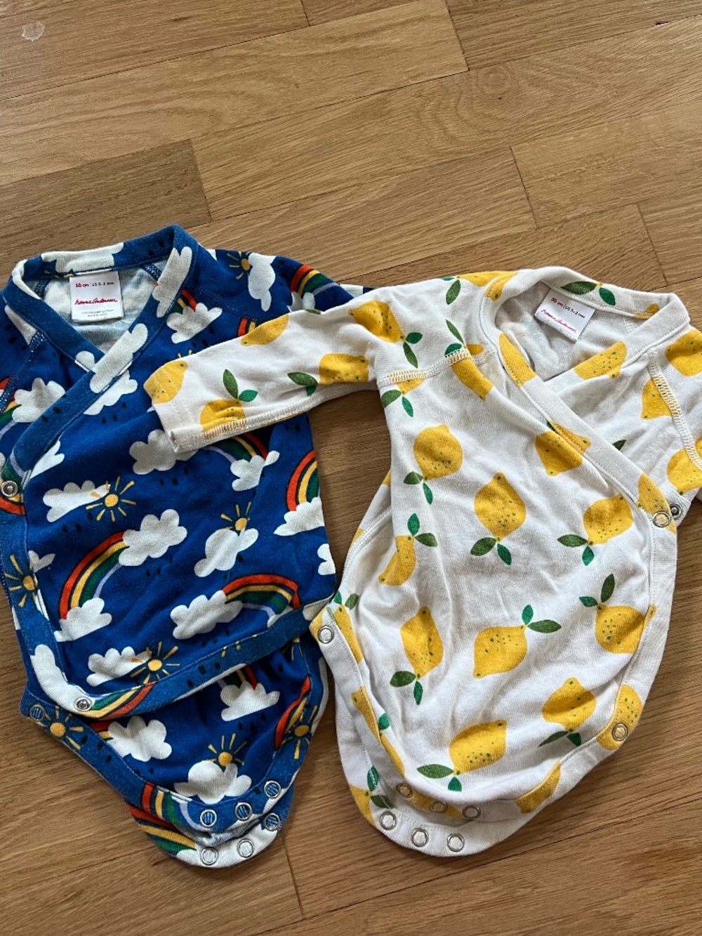 Pair of Hanna Andersson longsleeve Onesies - rainbow and lemons